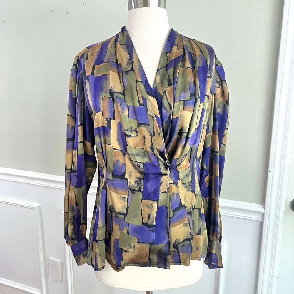 Ann May Silk Blouse Sz S Women Abstract Geometric Purple Green Vintage 80s Top